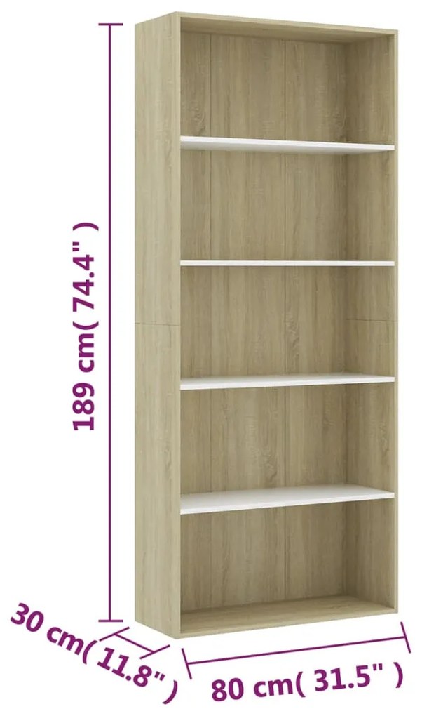 Estante 5 prateleiras 80x30x189cm contraplacado branco/carvalho