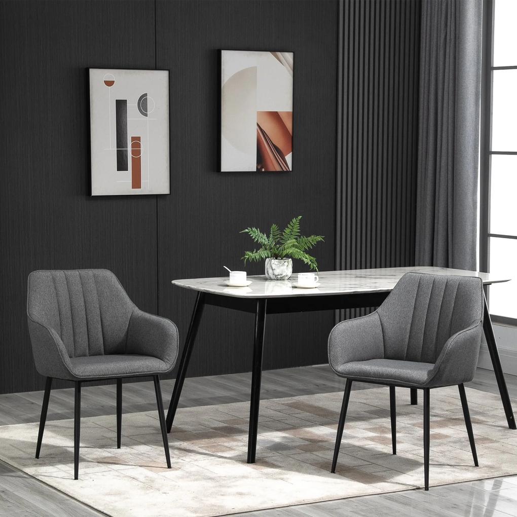 Conjunto de 2 cadeiras de jantar decorativas estofadas em linho com encosto ergonômico, braços e pernas de metal 59,5x56,5x81 cm cinza