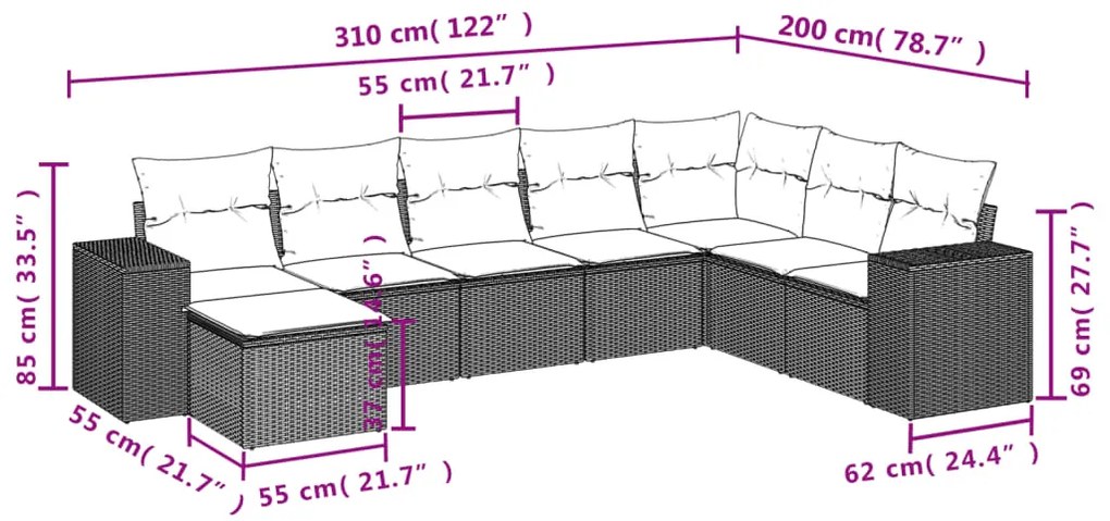 8 pcs conjunto de sofás p/ jardim com almofadões vime PE bege