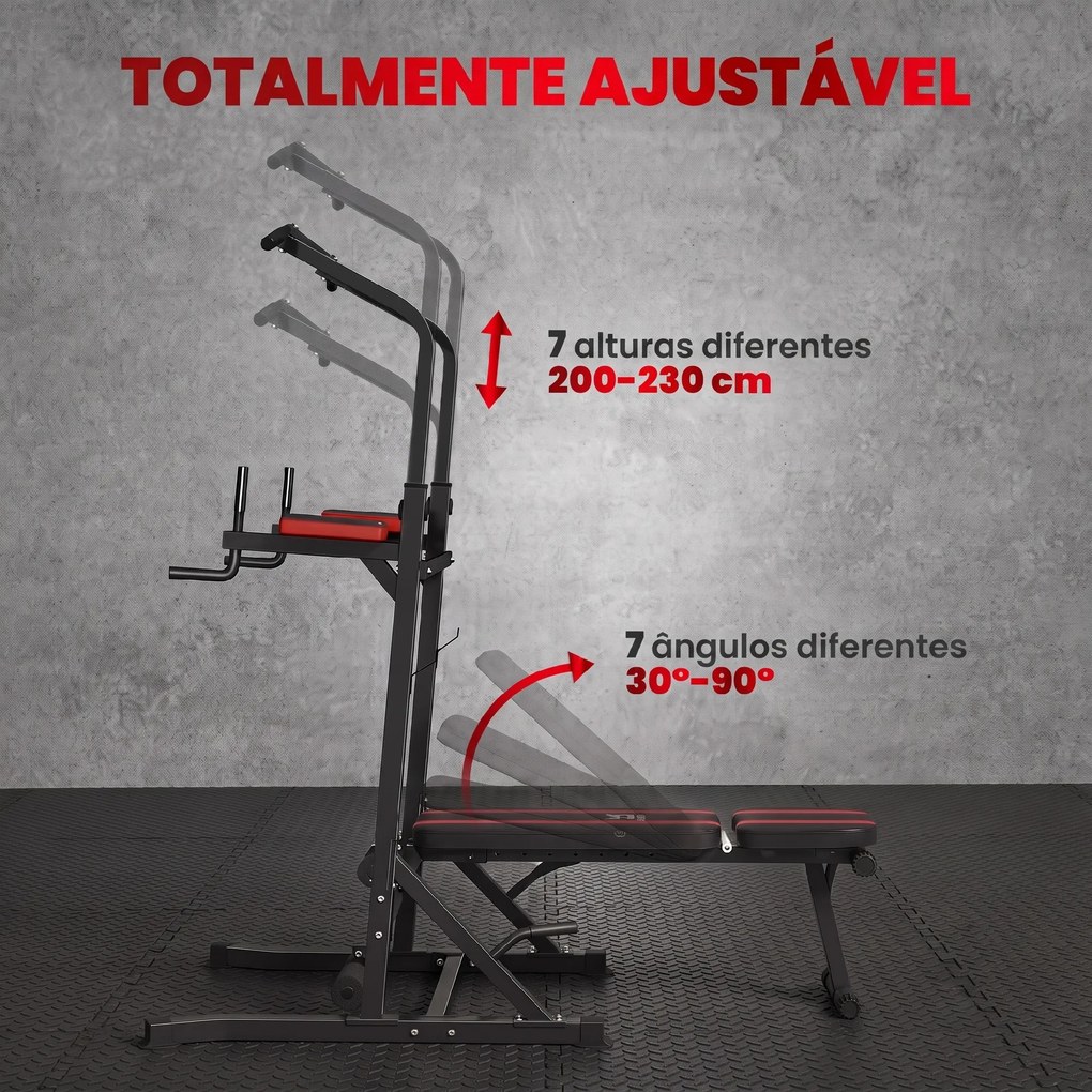 Estação de Musculação Dobrável com Barra de Elevações, Altura Ajustável e Banco Reclinável, Preto e Vermelho
