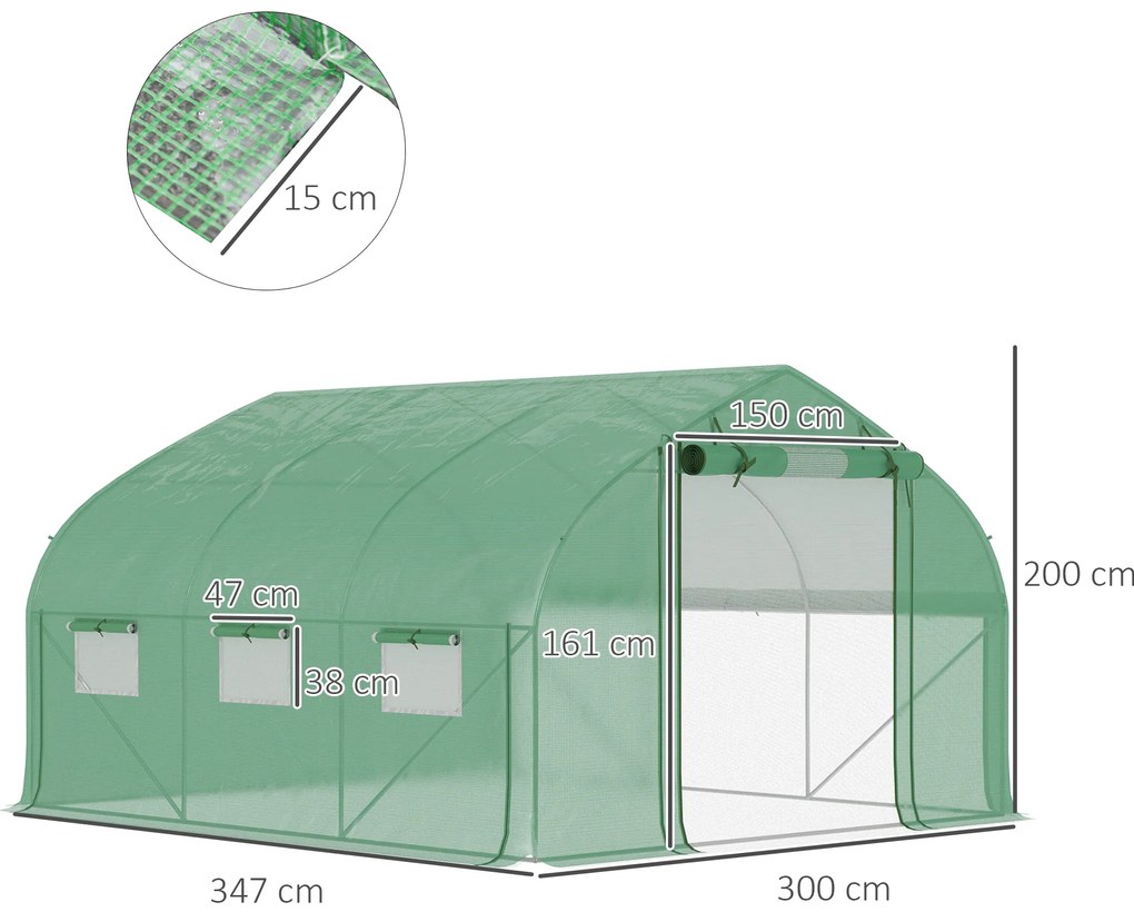 Estufa Tipo Túnel 347x300x200 cm Estufa de Jardim com Porta Enrolável 6 Janelas Cobertura PE 140g/m² Verde