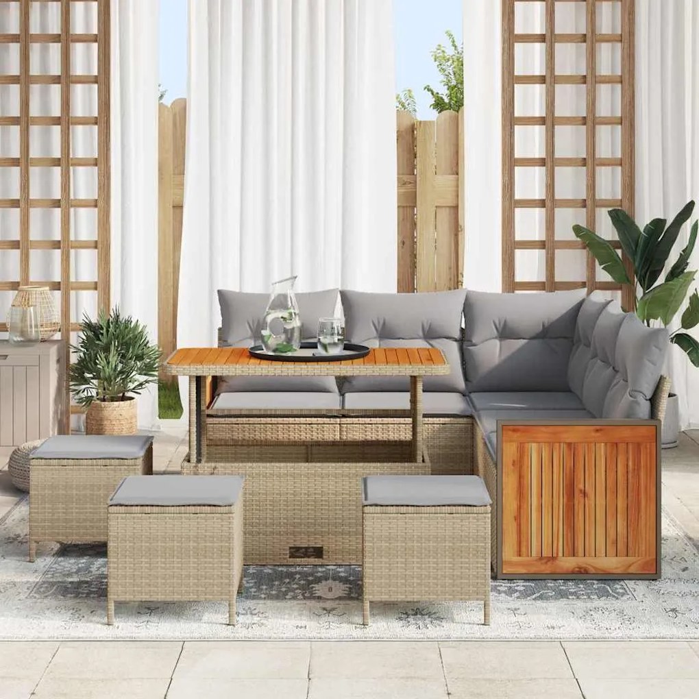 Conjunto de Sofá de Jardim vidaXL 9 Peças com Almofadas Bege Vime Poli