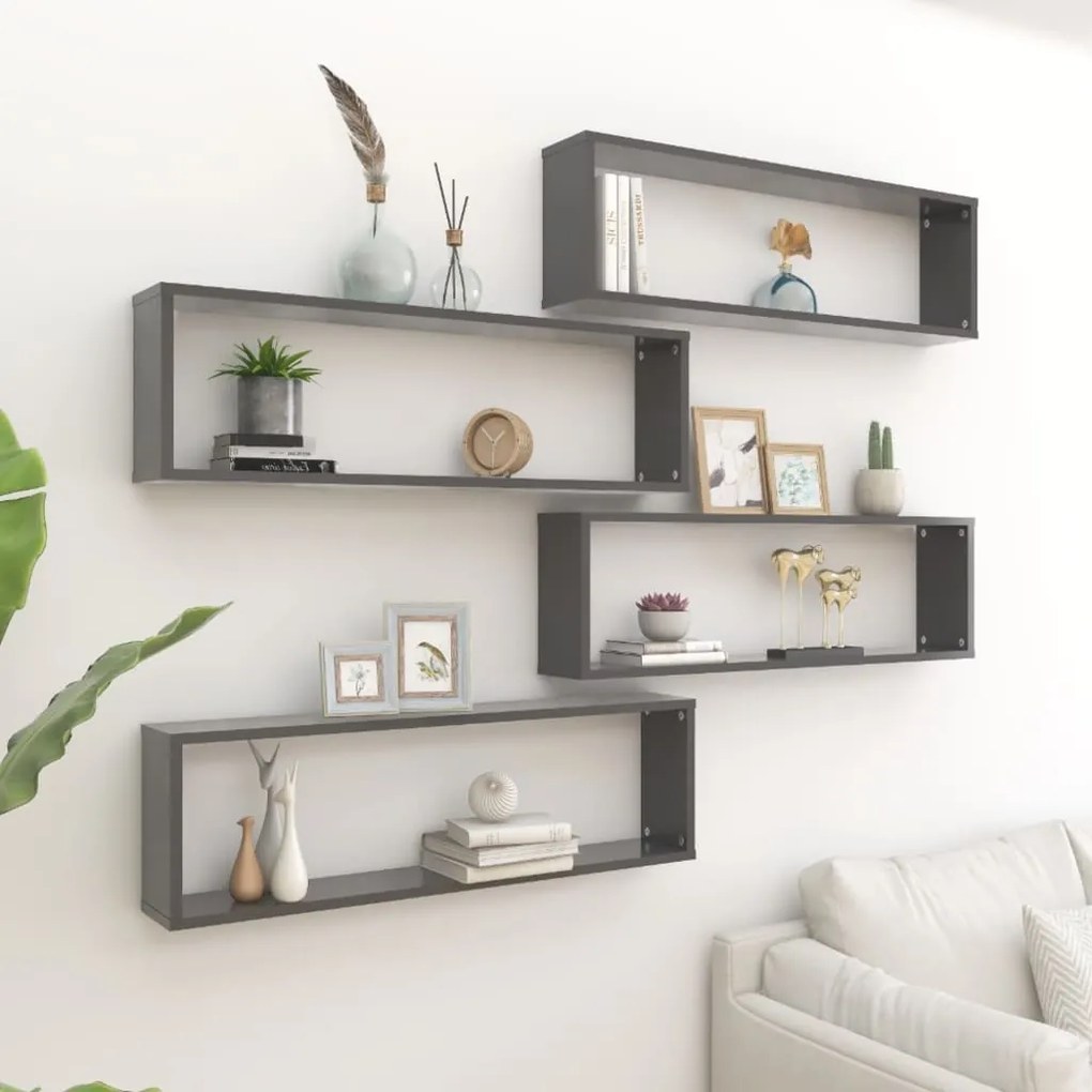vidaXL Prateleiras parede cubo 4 pcs contraplacado 100x15x30cm cinza