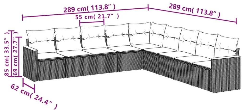 9 pcs conjunto sofás p/ jardim com almofadões vime PE cinzento