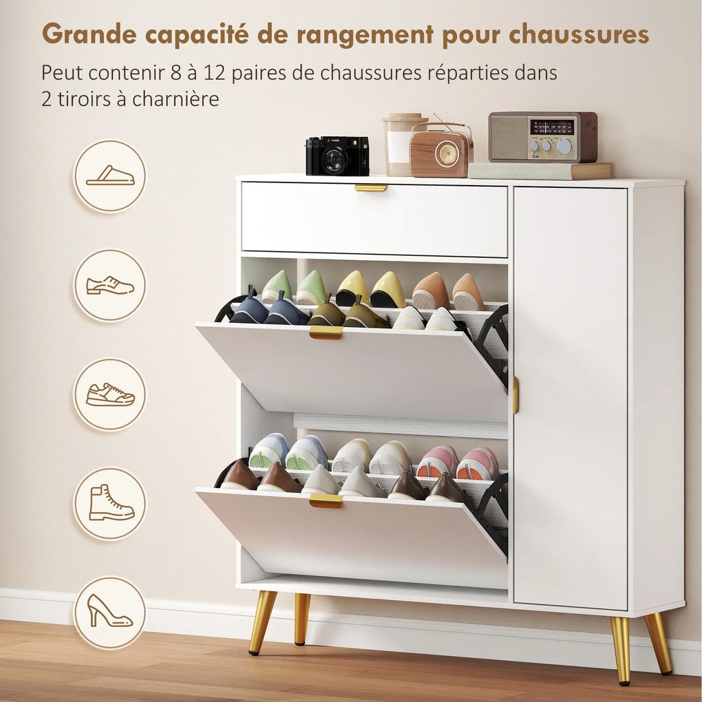 Sapateira com capacidade para 12 pares 99,4 x 23,8 x 106,6 cm, 2 gavetas rebatíveis, 4 compartimentos, branco
