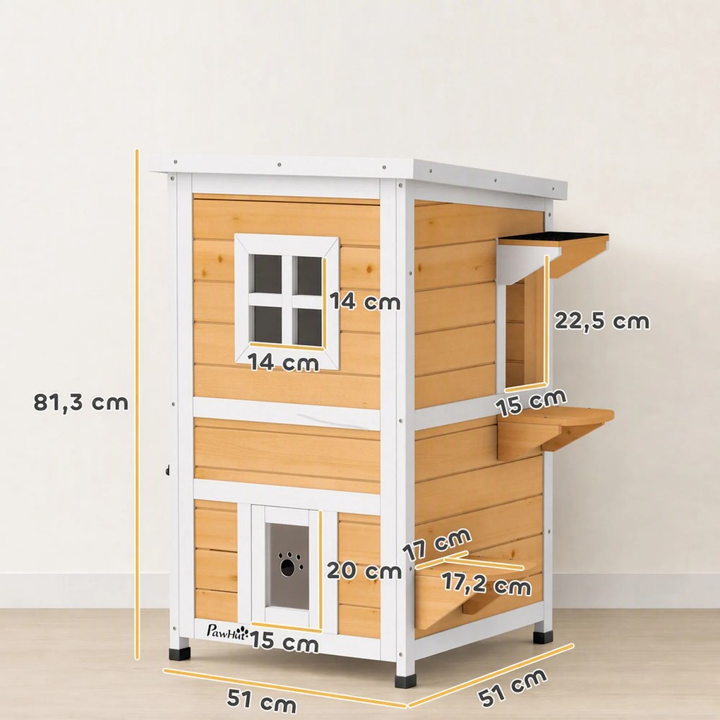 Casa de Madeira para Gatos de Exterior 2 Níveis com 3 Portas e Janela Amarela