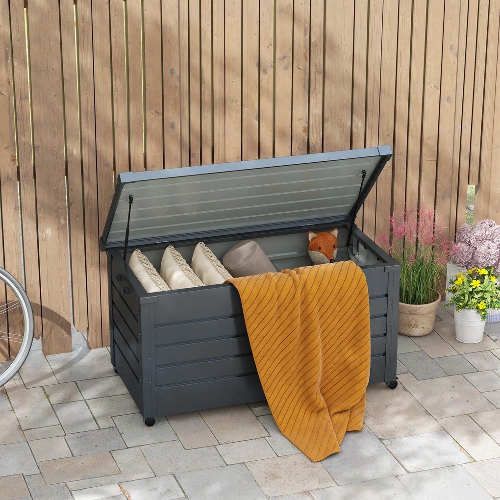 Caixa de arrumação 120 x 62 x 66 cm para exterior 311L, com amortecedor a gás, rodas e pega, em aço galvanizado, cinzento