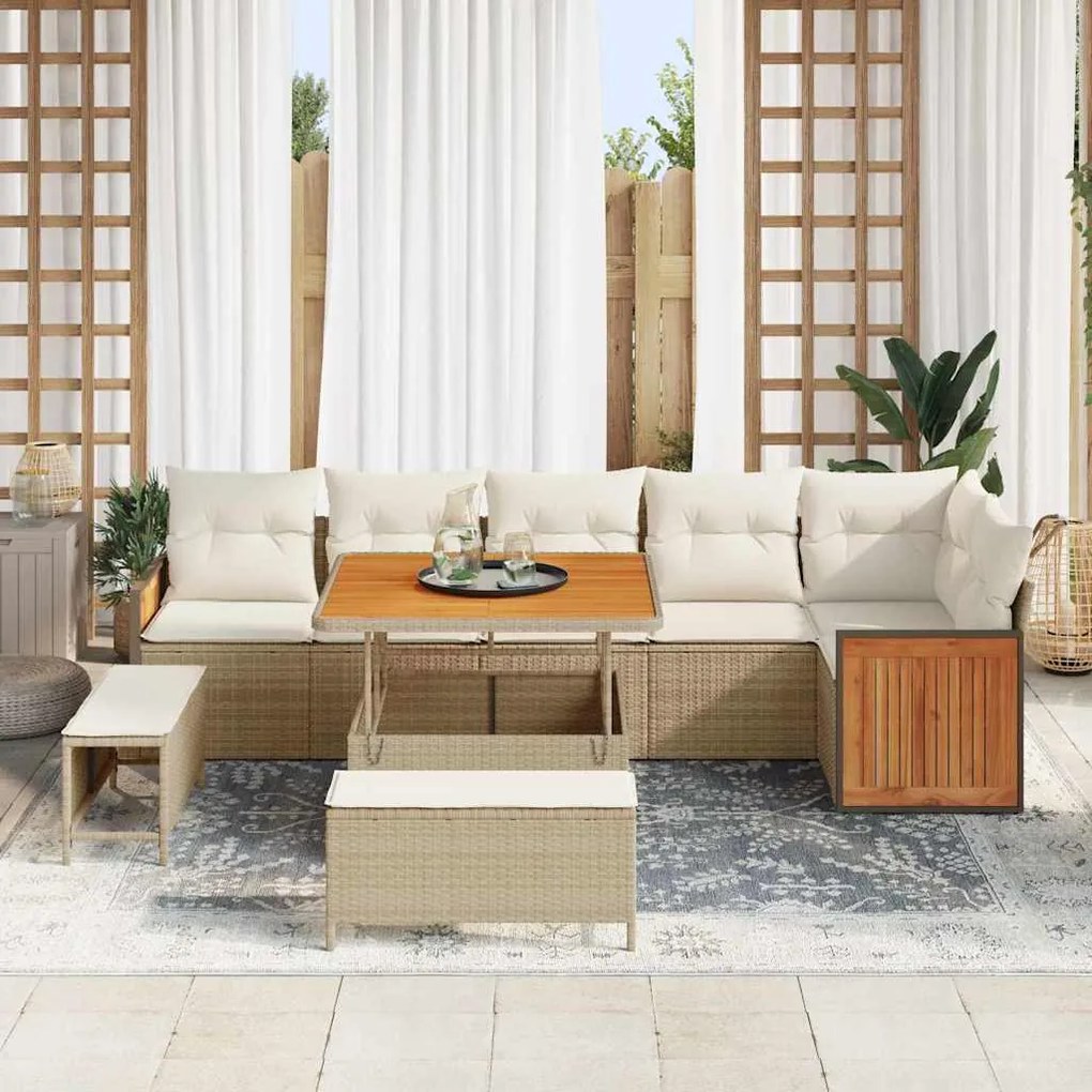 Conjunto de Sofá de Jardim vidaXL 9 Peças com Almofadas Bege, Rattan P