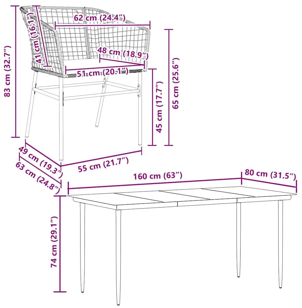Conjunto de jantar jardim 5 peças almofadas vidro vime PE preto