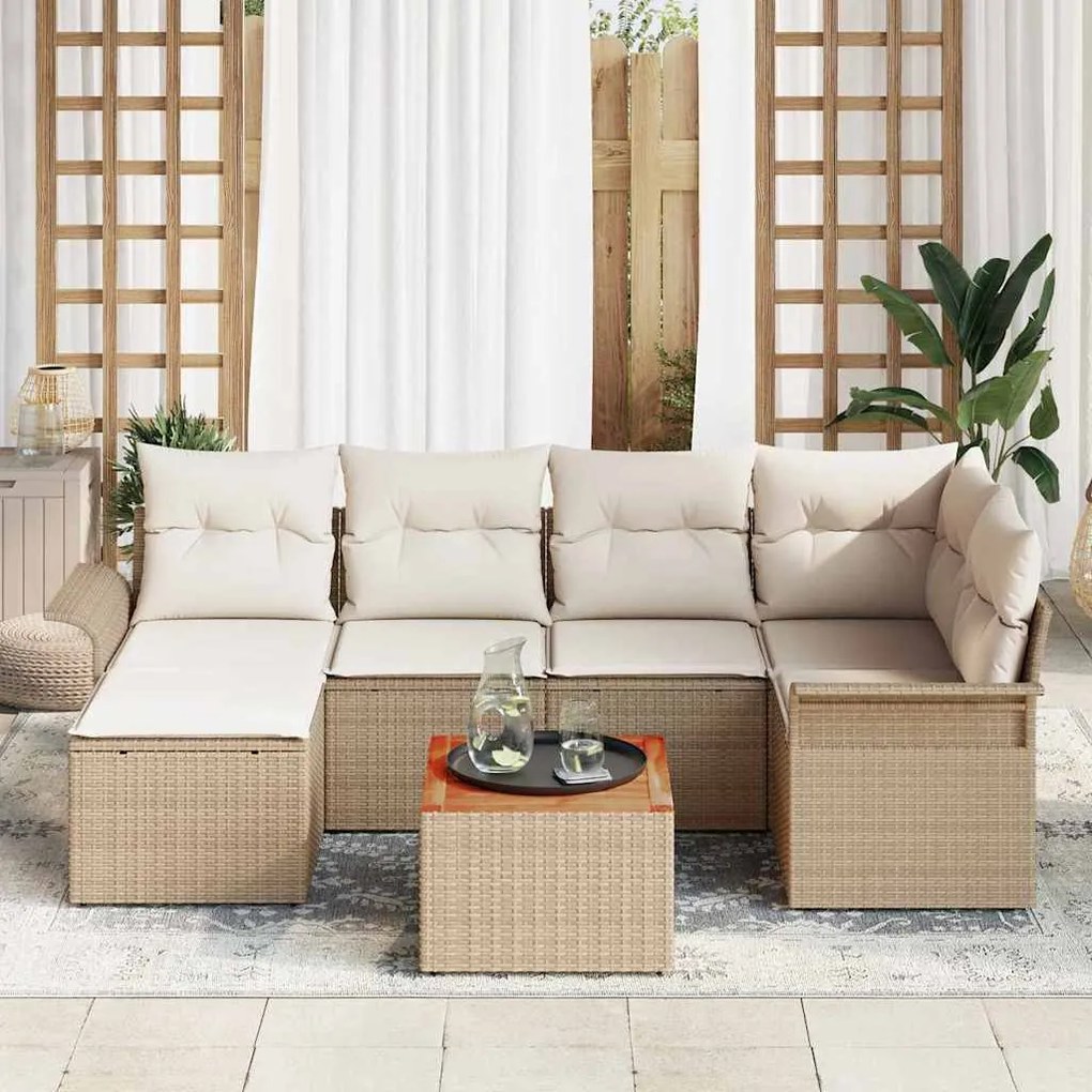 Conjunto de Sofá de Jardim 7 Peças com Almofadas Bege em Rattan Poliés