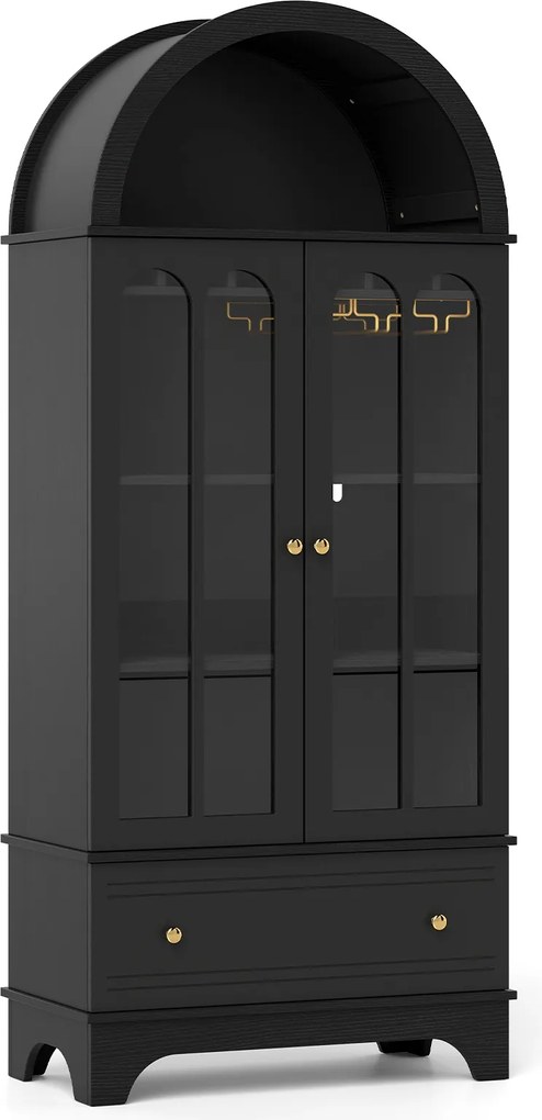 Armário de Arrumação Arqueado, 77,5 x 40 x 181 cm, Suporte para Garrafas e Copos, Preto
