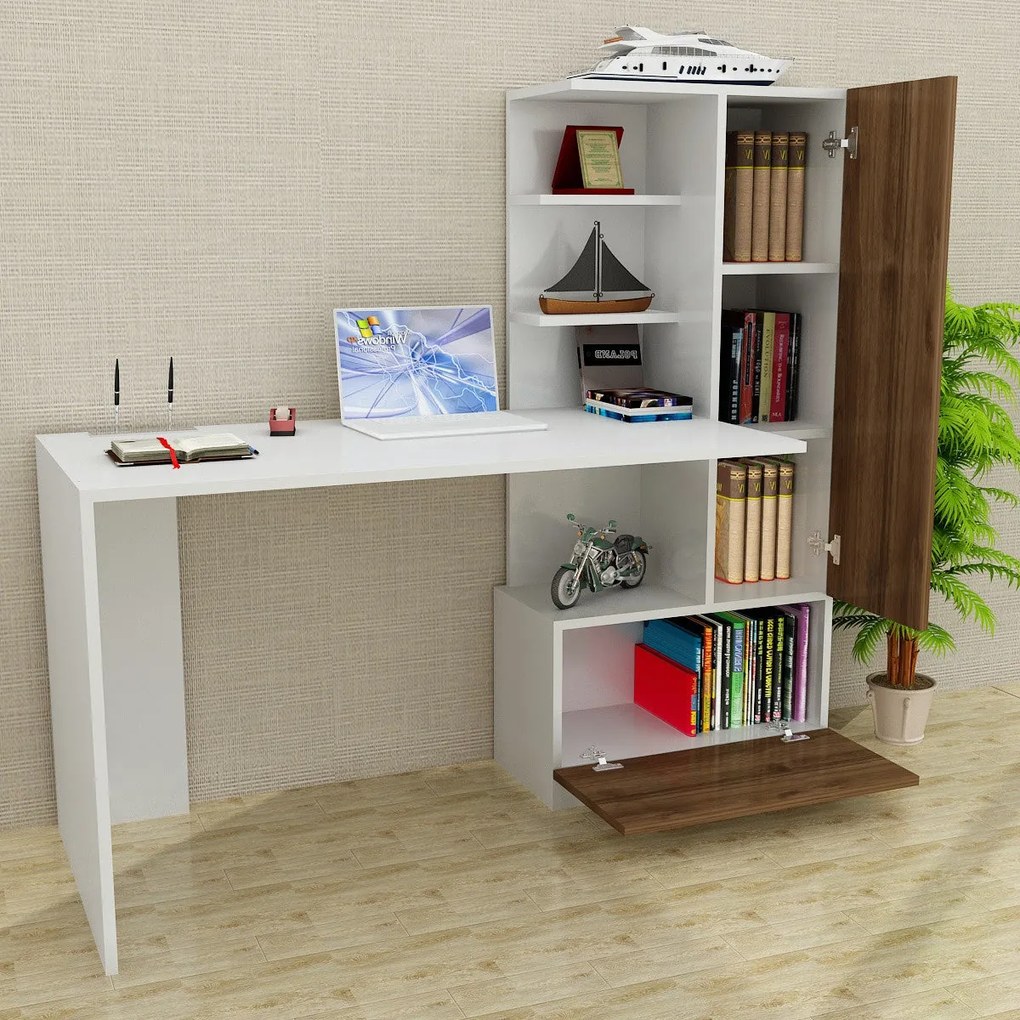 Secretária Merinos – Branco Nogueira – 149,5x120x61,8 cm | Tribo Home