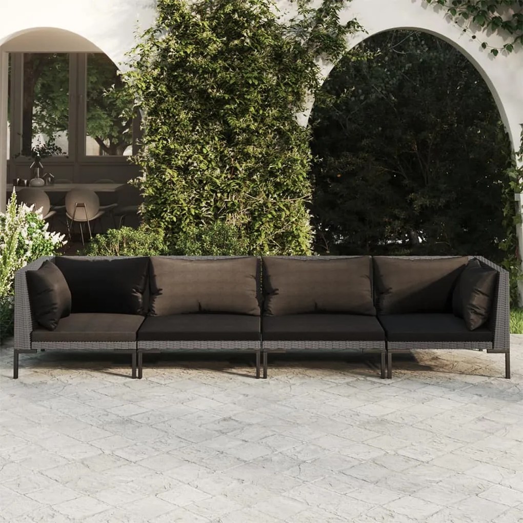 vidaXL 4 pcs conj. lounge jardim c/ almofadões vime PE cinza-escuro