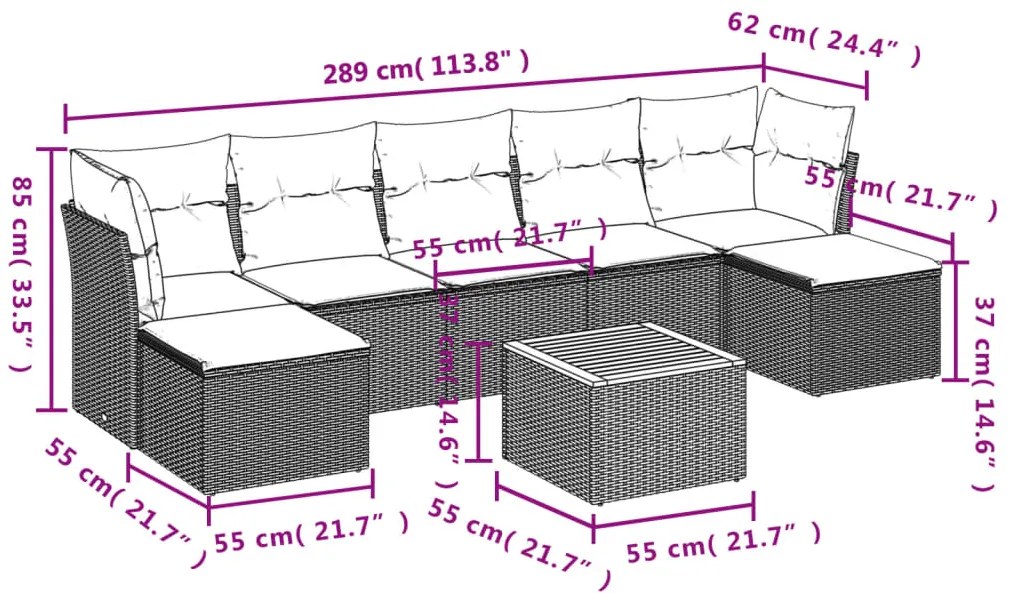 8 pcs conjunto de sofás p/ jardim com almofadões vime PE bege