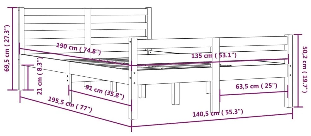 Estrutura de cama casal 135x190 cm madeira maciça castanho-mel