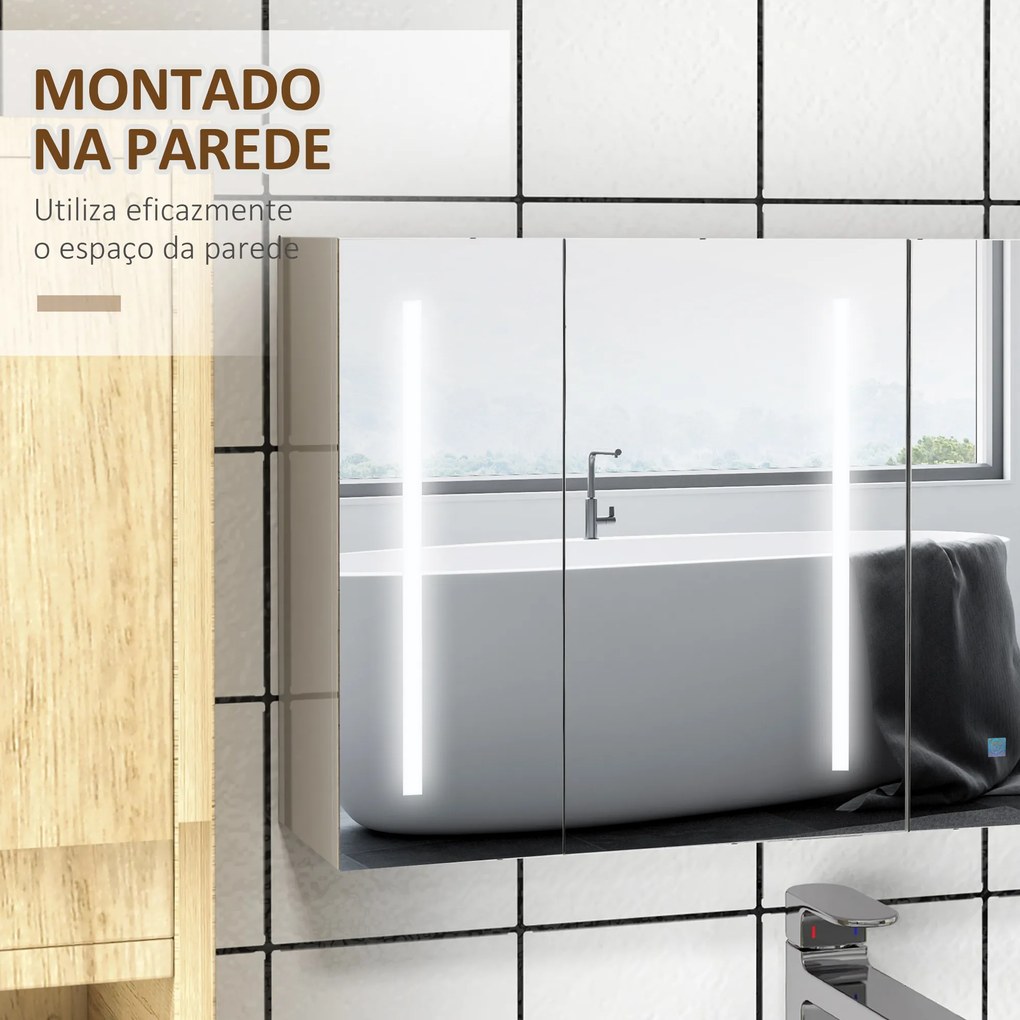 Armário Casa de Banho com Espelho e Luz LED com 3 Portas Prateleiras Ajustáveis e Interruptor Tátil 90x15x70 cm Branco Brilhante
