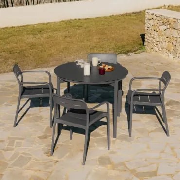 Conjunto De Mesa Redonda Ø110 Cm Em Alumínio Elton E 4 Cadeiras De Jardim Empilháveis Em Polipropileno Graneli Cinza Grafito - Sklum