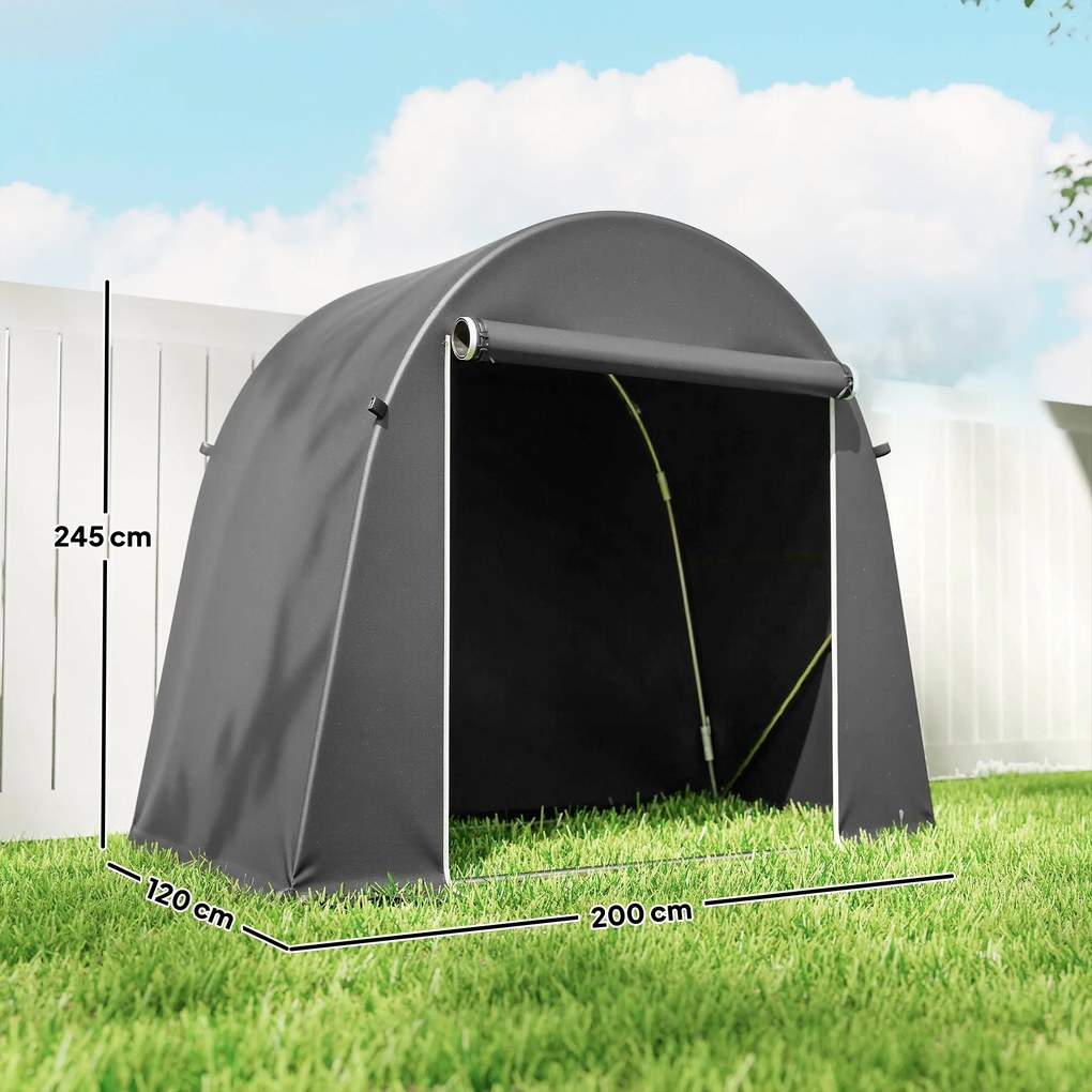 Abrigo de jardim em forma de tenda em Lona 245 x 120 x 200 cm, impermeável, para guardar objetos, com porta enrolável e fecho de correr, cinzento esc