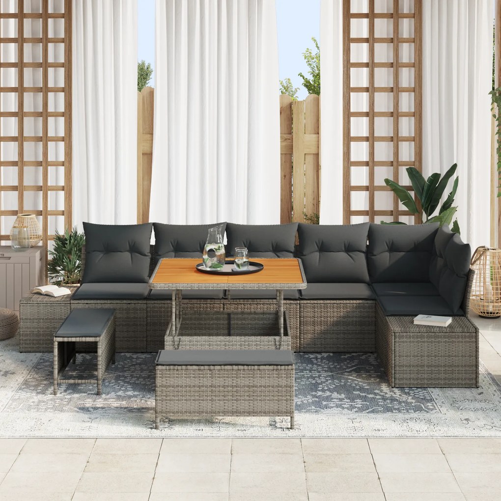 Conjunto de Sofás de Jardim vidaXL 9 Peças com Almofadas Cinza Rattan