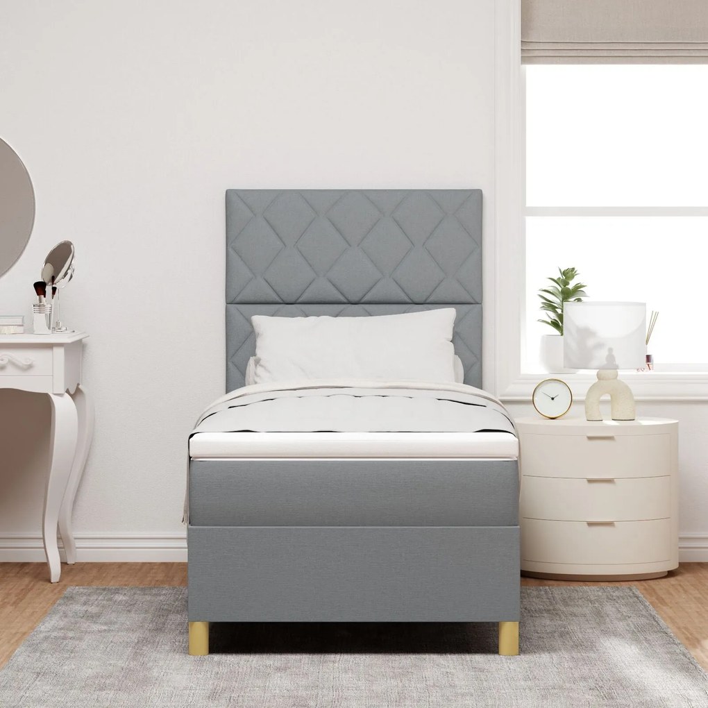Cama Box Spring com Colchão e Luz LED Cinza Claro 90x190 cm Tecido