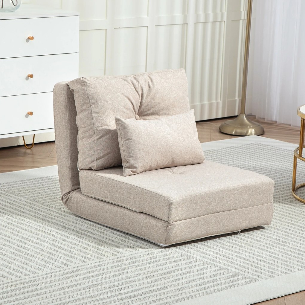 Poltrona-sofá-cama convertível de 1 lugar com 1 almofada e encosto ajustável, bege