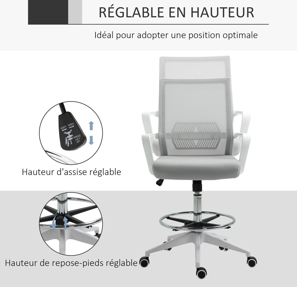 Cadeira de escritório com assento alto ajustável, 64 x 59 x 104-124 cm, cadeira giratória com rotação de 360°, tecido respirável cinzento e branco