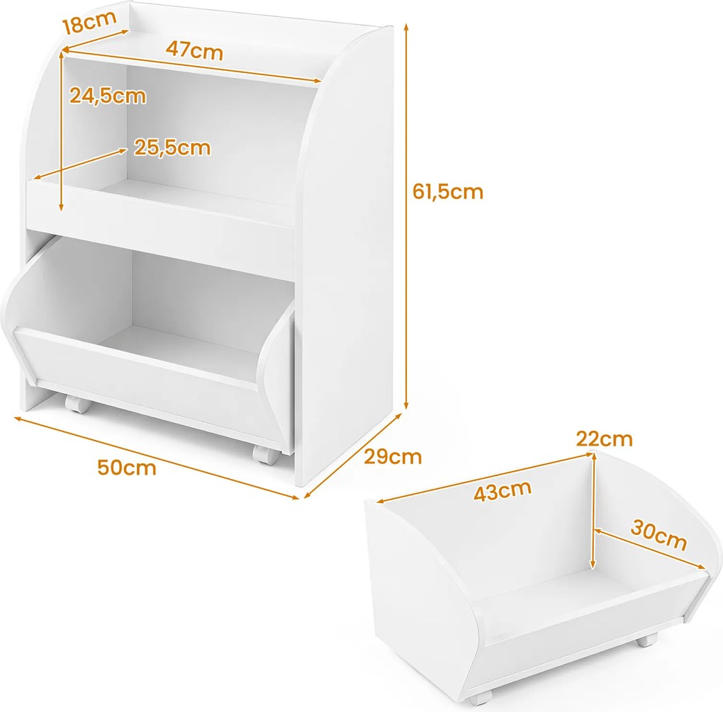 Móvel de Arrumação Infantil com Estante e Gaveta, 50 x 29 x 61,5 cm, Sistema Antiqueda, Branco