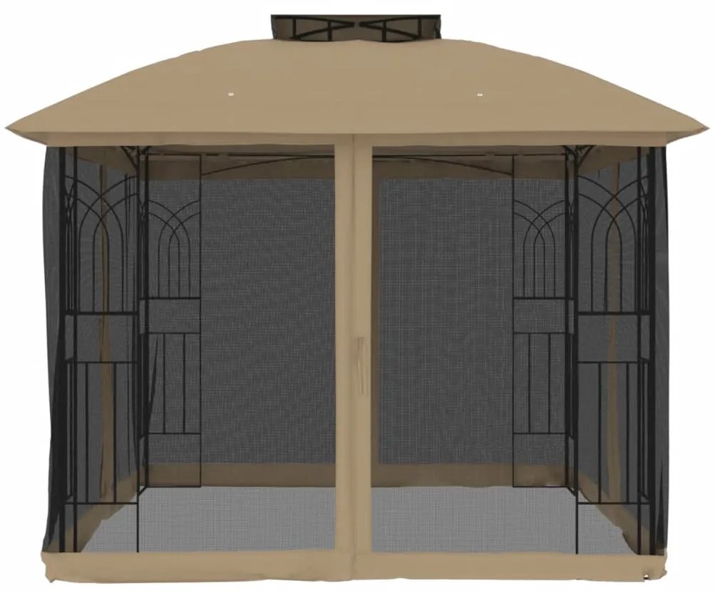 Gazebo c/ teto duplo/paredes de malha aço cinzento-acastanhado