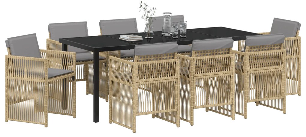 Conjunto de Jantar de 9 Peças vidaXL com Almofadas Bege em Rattan Poli