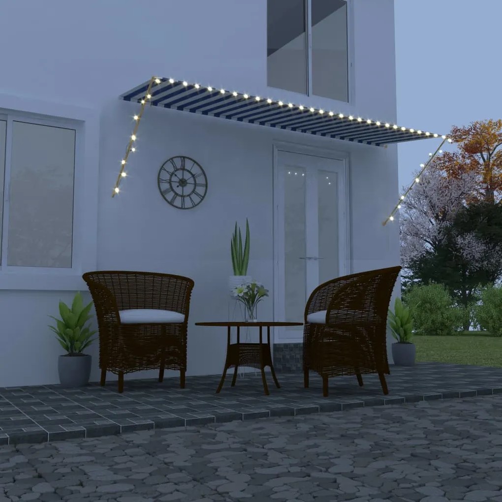 vidaXL Toldo retrátil com LED 400x150 cm azul e branco