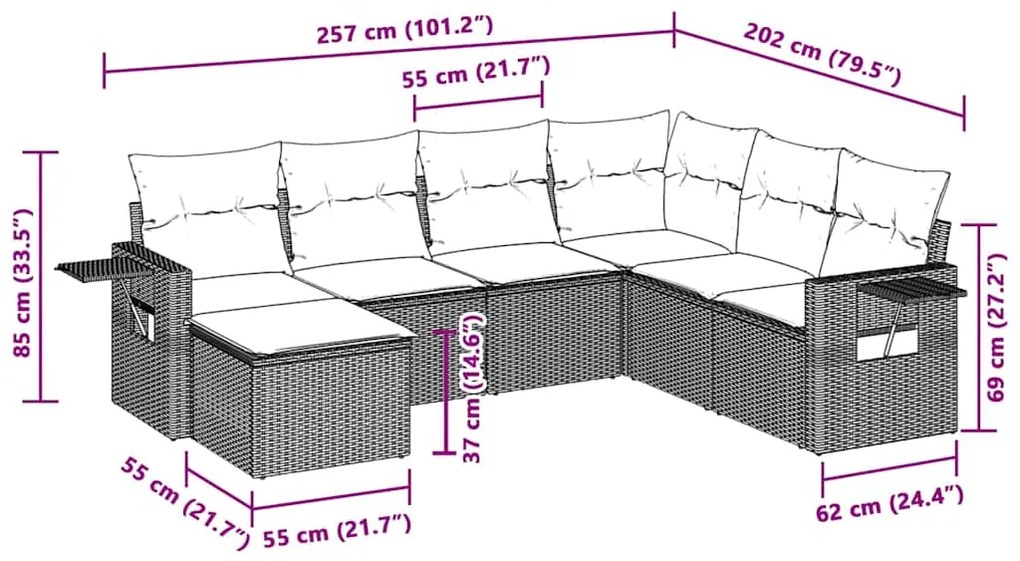 7 pcs conj. sofás jardim com almofadões vime PE cinzento-claro