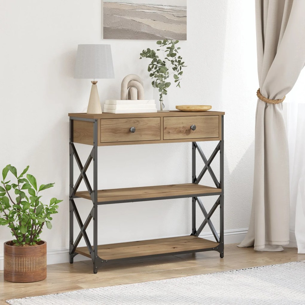 Mesa de Console vidaXL Carvalho Artesanal 75x28x75 cm Madeira e Aço