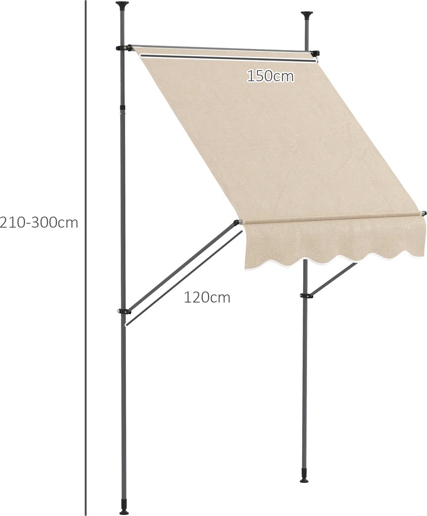 Toldo retrátil manual autoportante, 1,5 m (L) x 1,2 m (P) x 2,1-3 m (A), inclinação ajustável, metal, alumínio, poliéster, cor areia