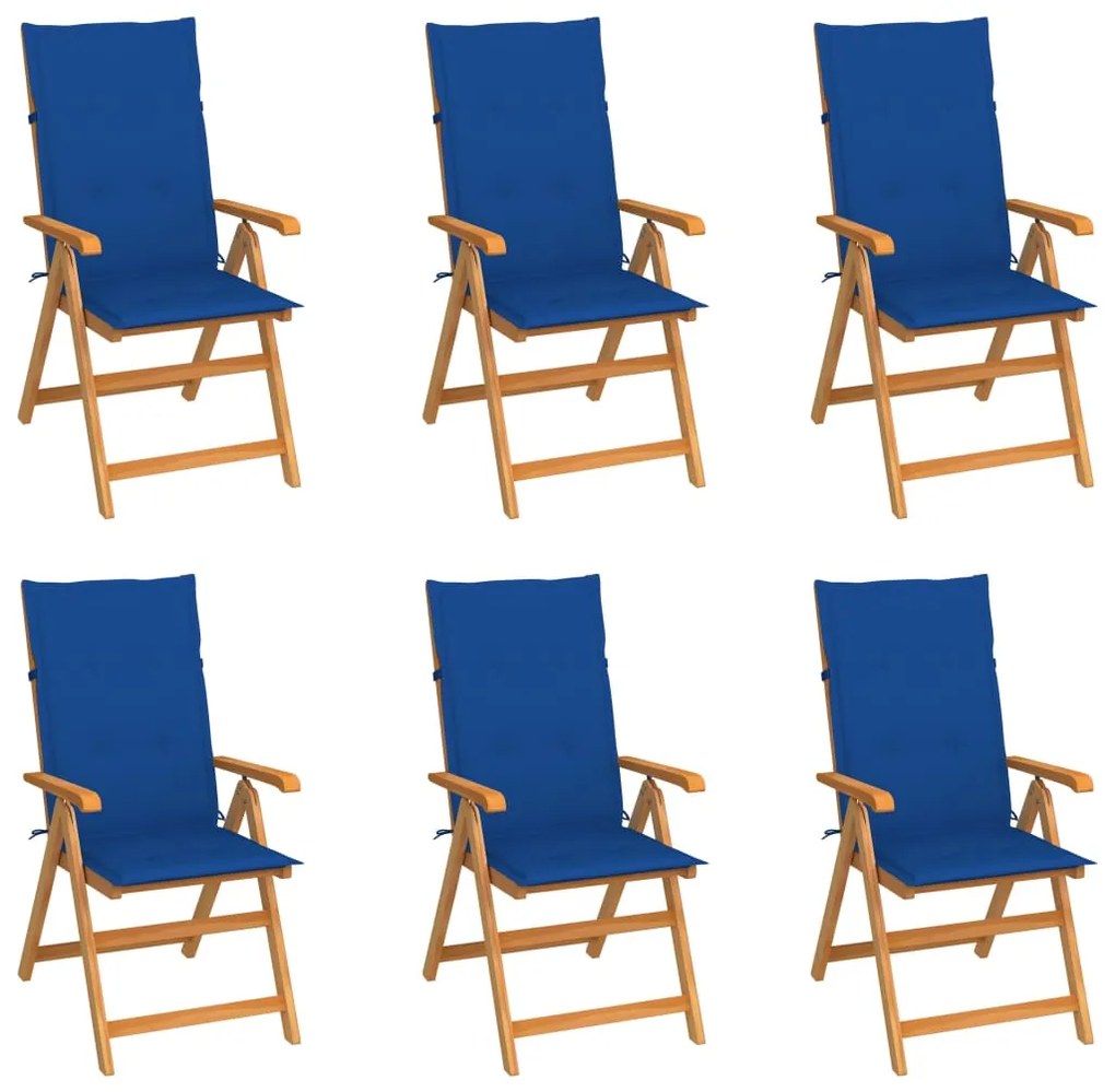 vidaXL Cadeiras de jardim c/ almofadões azul real 6 pcs teca maciça