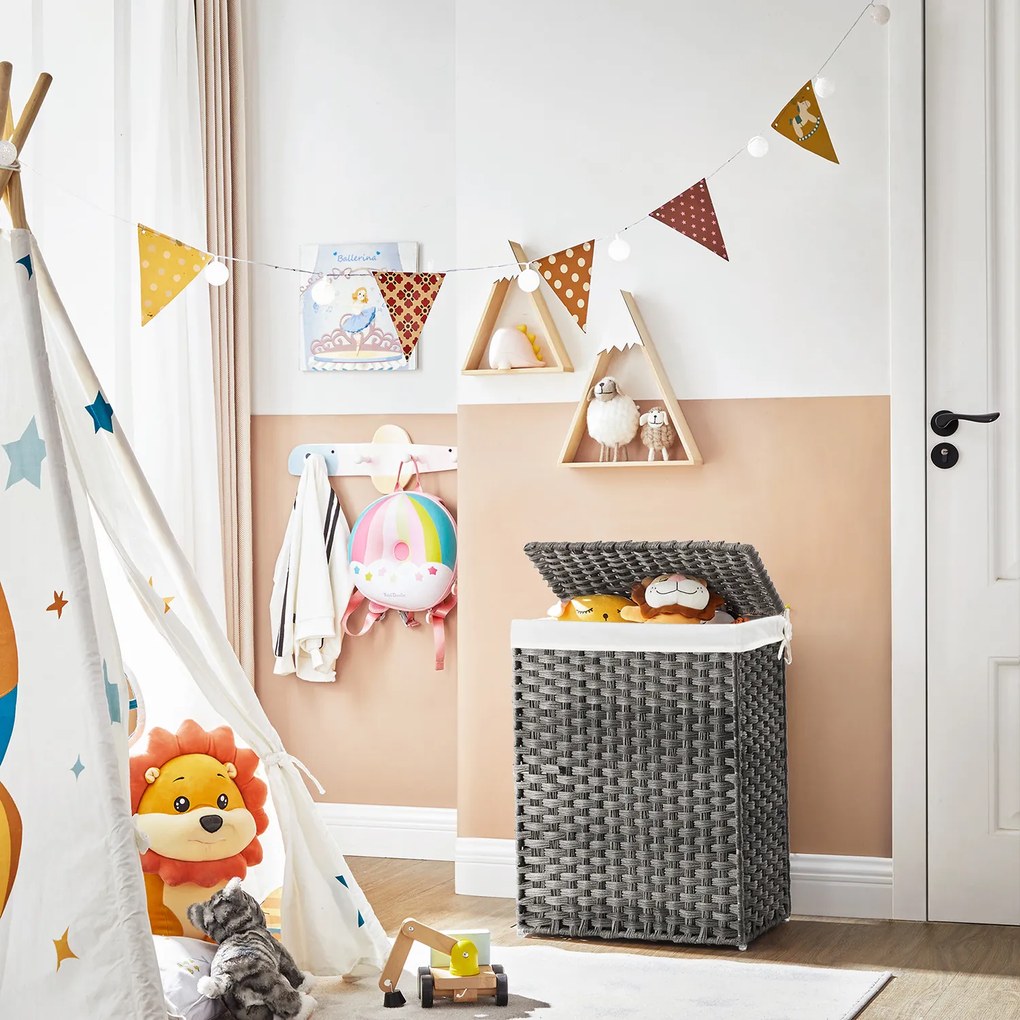 Cesto da roupa suja 45,5 x 32 x 61 cm em Polyrattan, 90 L, cinzento