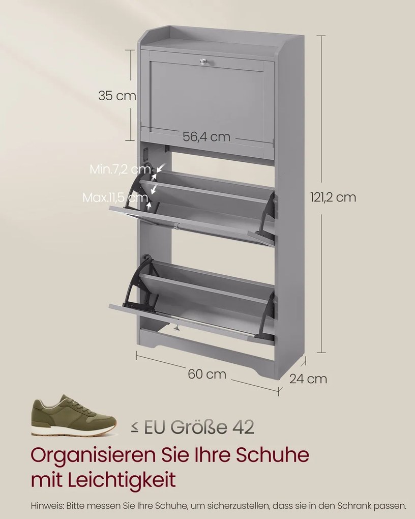 Sapateira com 3 portas, com capacidade para 12 a 20 pares de sapatos 24 x 60 x 121,2 cm, Cinzenta