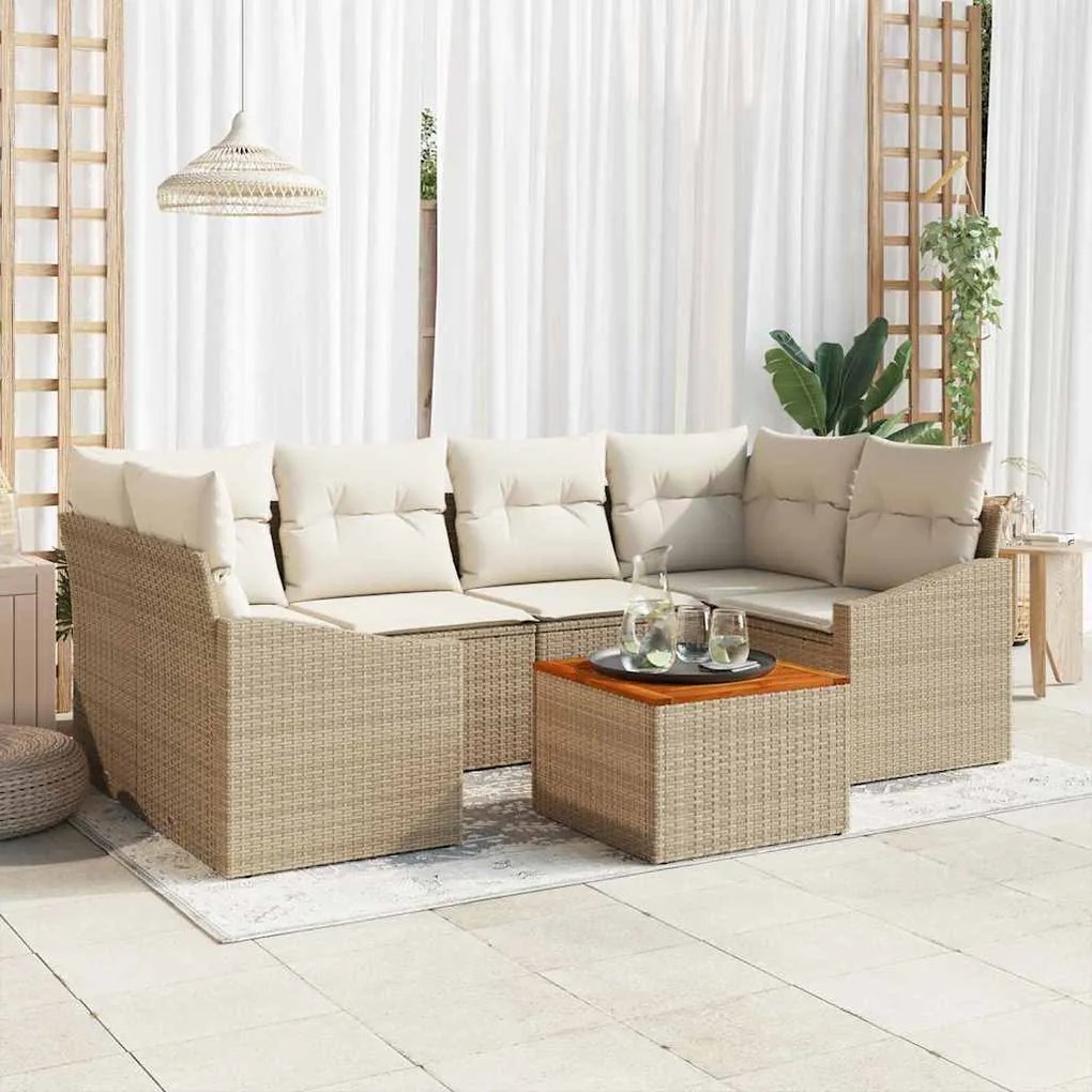 vidaXL Conjunto de Sofá de Jardim de 7 Peças com Almofadas Bege em Rattan Sintético e Acácia.