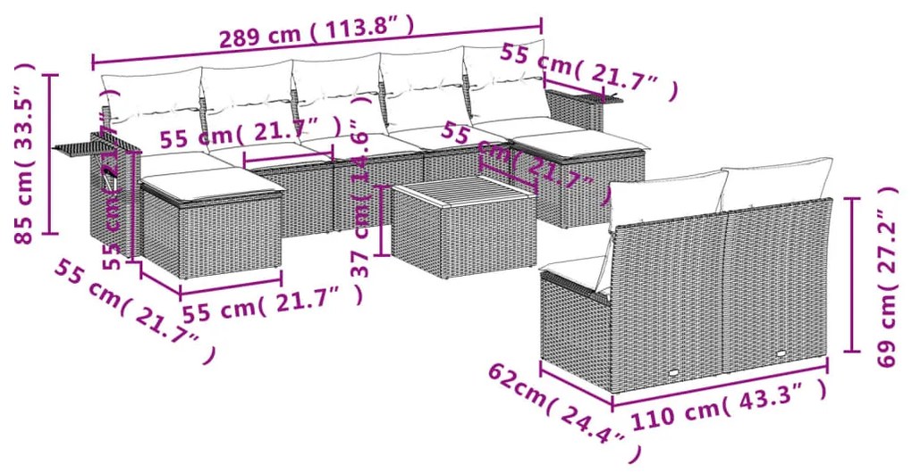 10 pcs conjunto sofás de jardim c/ almofadões vime PE cinzento