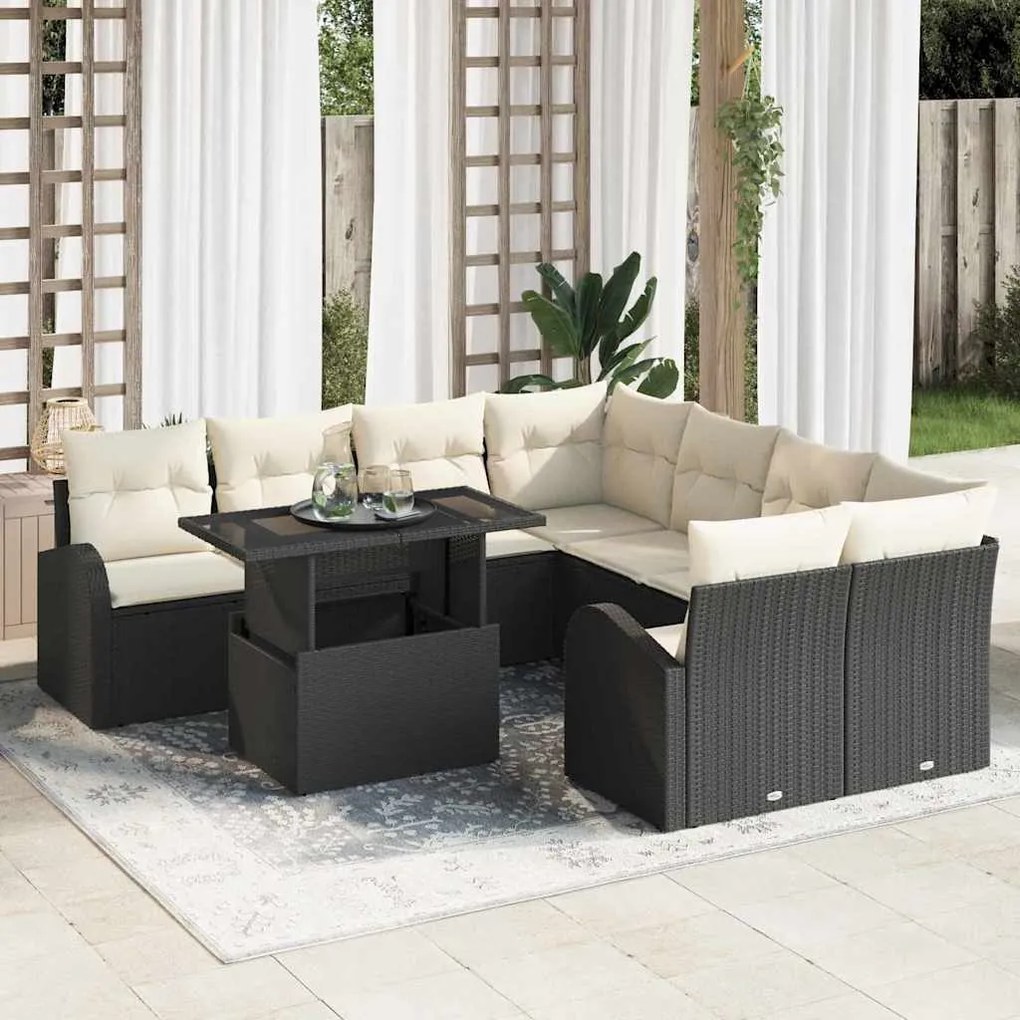 Conjunto de Sofá de Jardim vidaXL de 9 Peças com Almofadas Rattan Preto