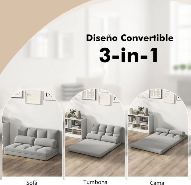 Sofá-cama chão dobrável de 2 lugares 72 x 102 x 54 cm com encosto ajustável em 6 posições, capa de veludo e 2 almofadas para quarto Cinza claro