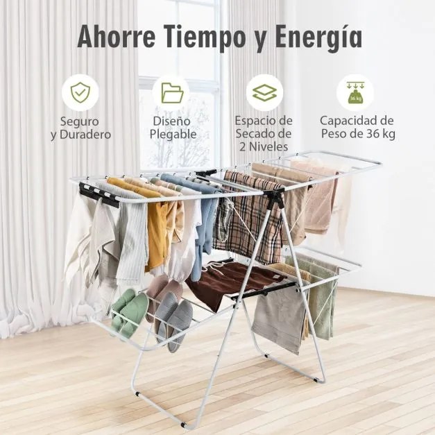 Estendal roupa dobrável de 2 níveis com asas ajustáveis Estrutura de aço Stendal para roupa/sapatos/cobertores 154 x55,5 x112 cm Branco