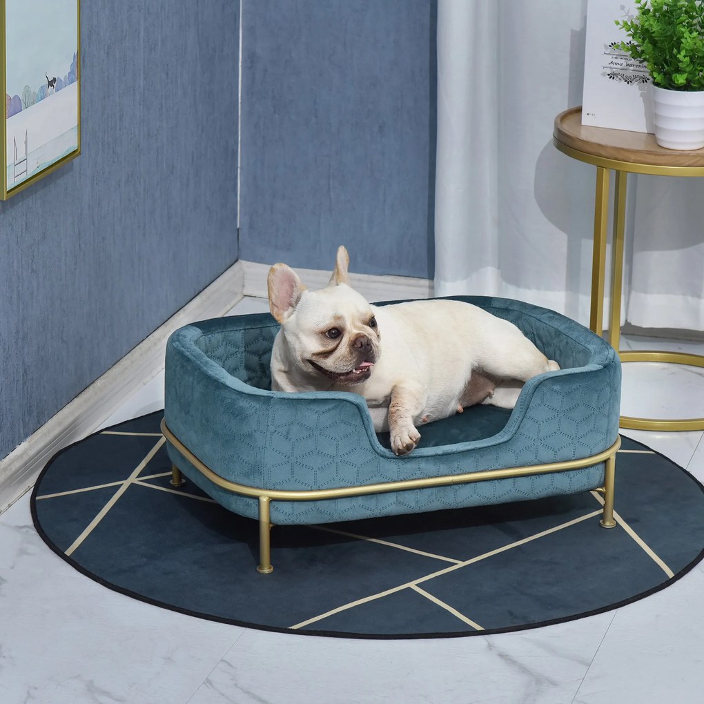 PawHut Sofá para Animais de Estimação em Veludo Cama para Cães e Gatos Pequenos com Almofada Suave Lavável Base de Metal e Bordas Elevadas 63,5x43x24,5cm Azul