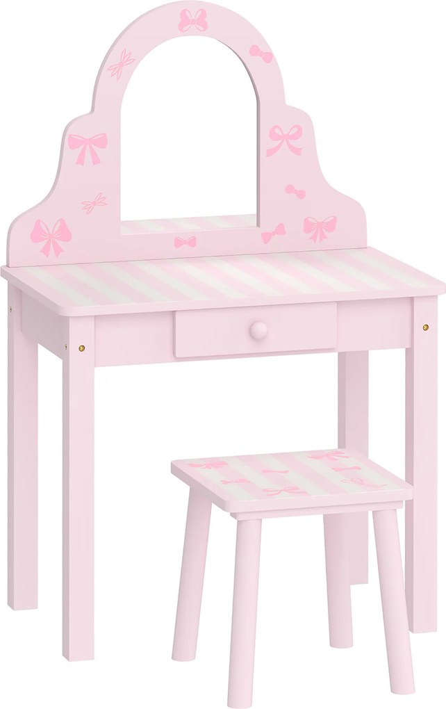 AIYAPLAY Conjunto de tocador infantil 2 em 1, tocador/secretária com banquinho, espelho removível e gaveta para meninas 3-6 anos, rosa | Aosom Portugal
