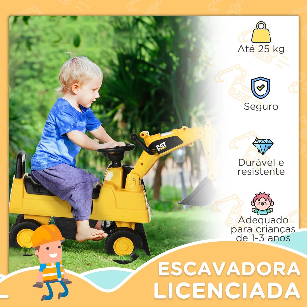Andarilho Escavadora com Licença Caterpillar Escavadora para Crianças com Pá Dianteira e Buzina 85x27,5x47,5 cm Amarelo