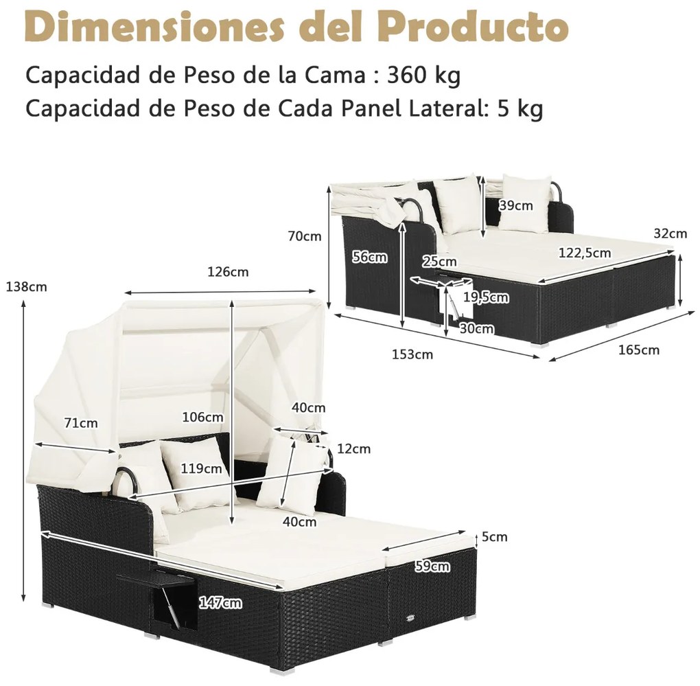 Cama Jardim dupla com almofadas em rattan com Dois painéis laterais rebatíveis para jardim Pátio Alpendre Branco e Preta