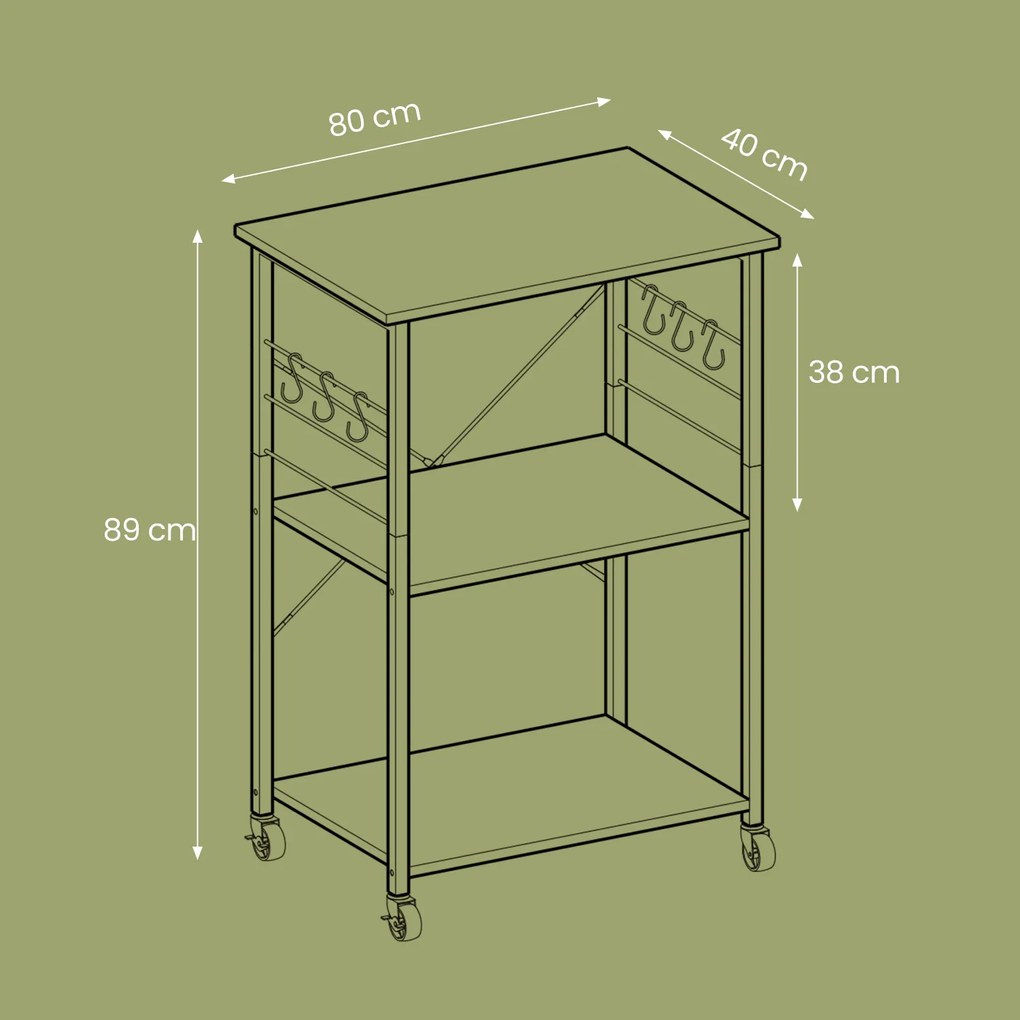 Carrinho de cozinha com 3 prateleiras e rodas 40 x 80 x 89 cm, cinza mesclado com preto
