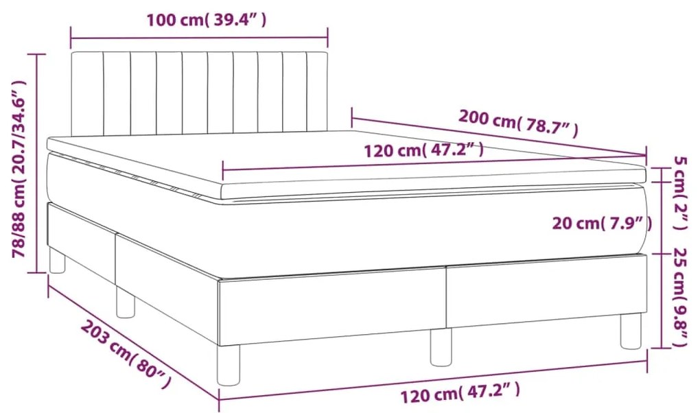 Cama box spring colchão/LED 120x200cm tecido cinza-acastanhado