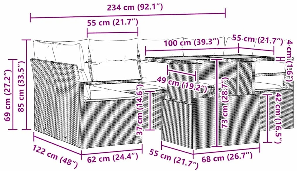 Conjunto de sofá de jardim com 7 peças e almofadas cinzas em rattan si