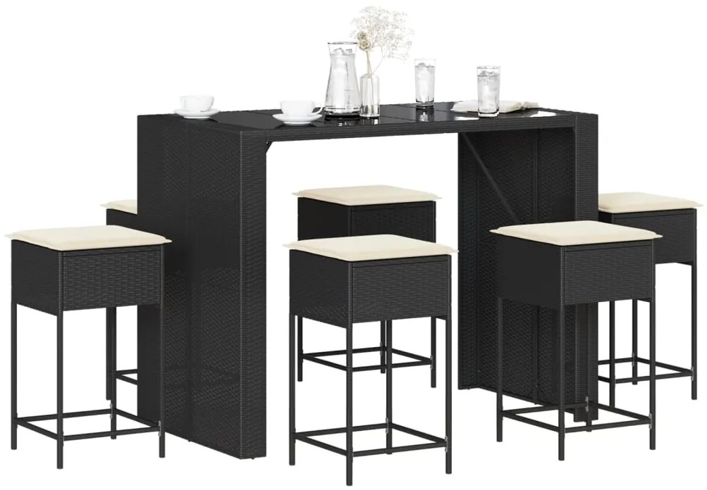 vidaXL 7 pcs conjunto de bar para jardim c/ almofadões vime PE preto
