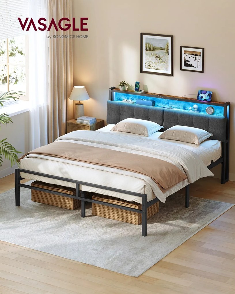 Cama de metal 160 x 200 cm (COLCHÃO NÃO INCLUIDO), estrutura com cabeceira, cama com espaço de arrumação e iluminação LED Preto mate, castanho vintage